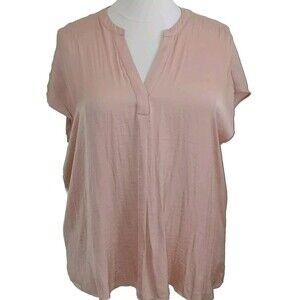 NWT Jones & Co Womens 2X Shimmery Peasant Boho Short Sleeves V-Neck Pink Top